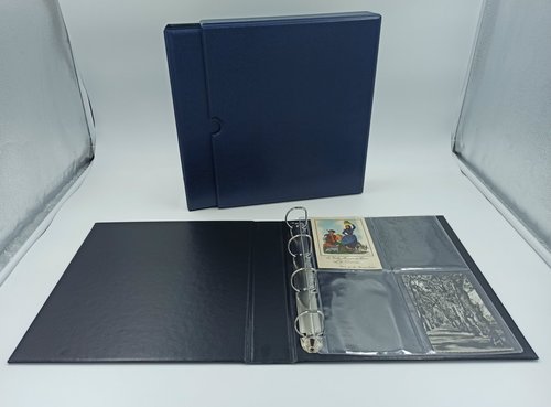 Classeur album bleu format A4 + box de rangement +  25 feuilles transparentes pour 200 CPA